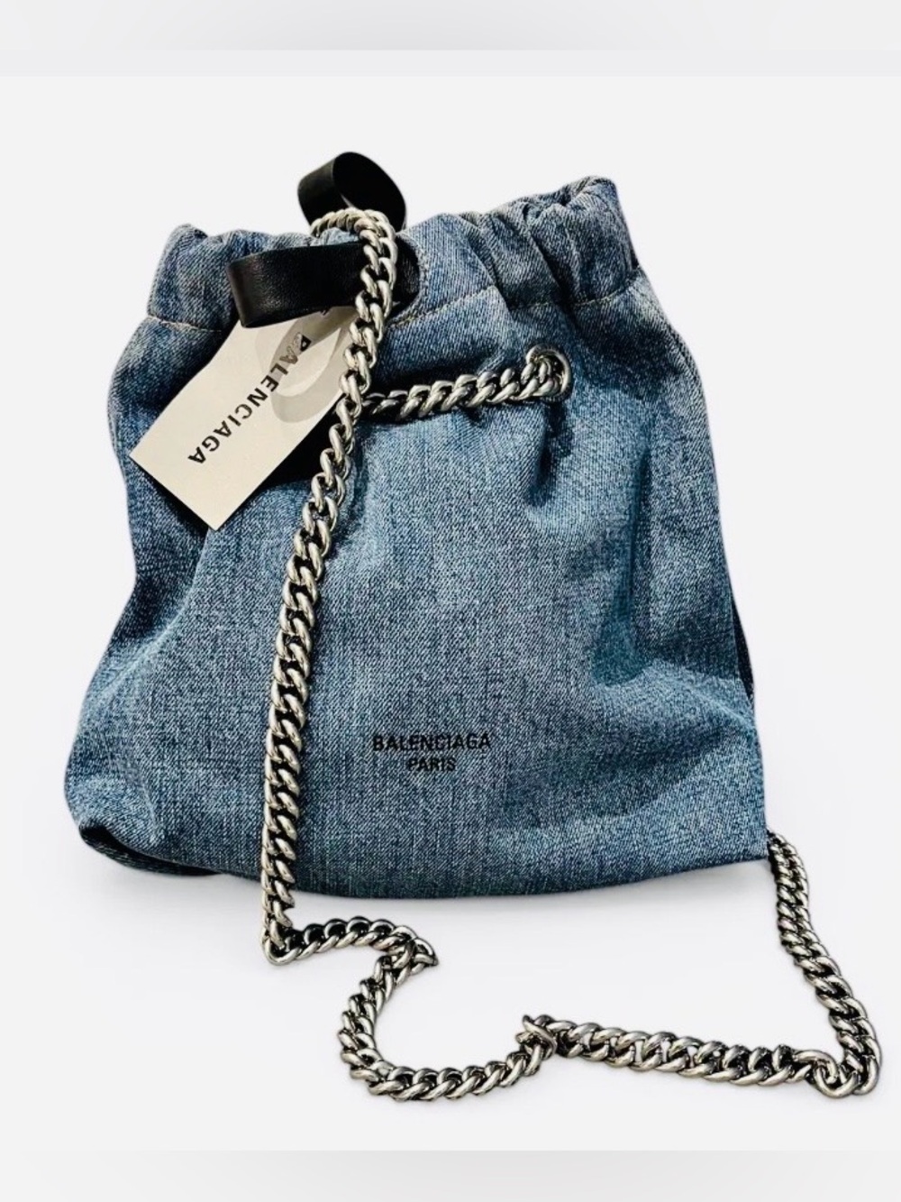 Balenciaga Denim Small Crush Bucket Bag with Silver Chain Strap